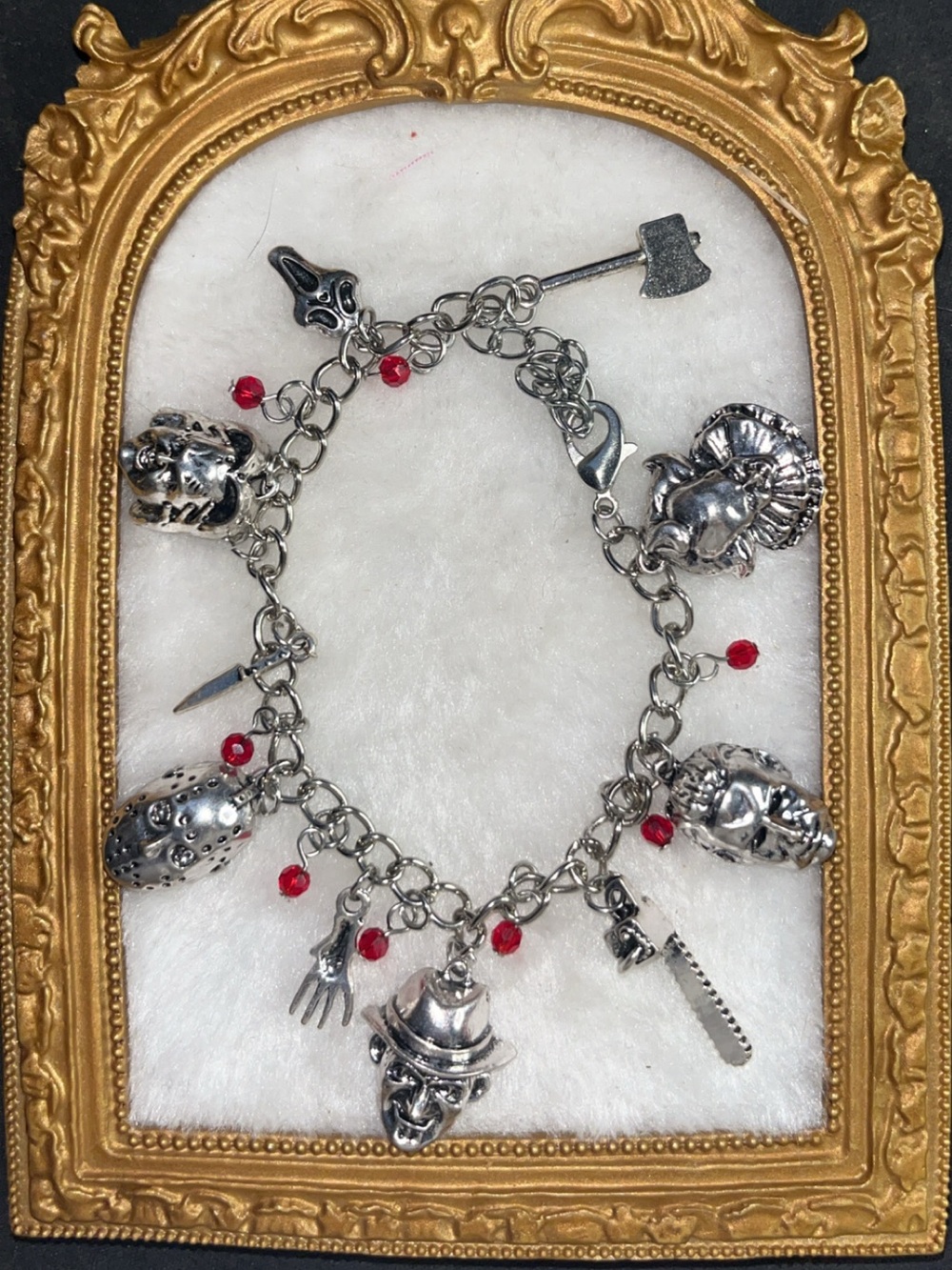 Silver-Tone Red Accent Horror Charm Bracelet